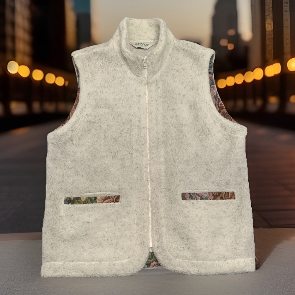 ORVIS Womens Sherpa Fleece Vest Cream Tapestry Trim Full Zip Large L Cozy Cabin